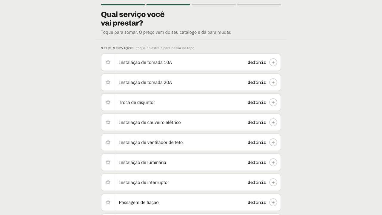Tela do catálogo de serviços do Orça Pronto