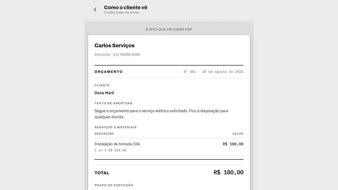Prévia do orçamento pronta para enviar pelo WhatsApp